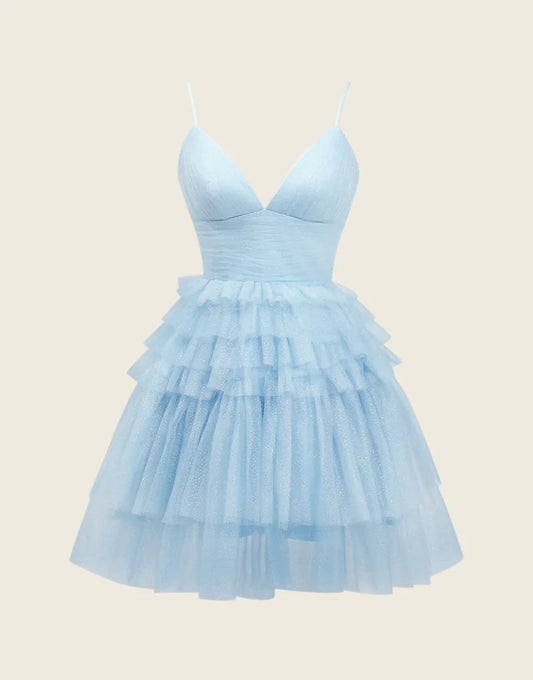 Front view of an elegant A-Line deep V-neck tulle tiered floor-length homecoming dress.