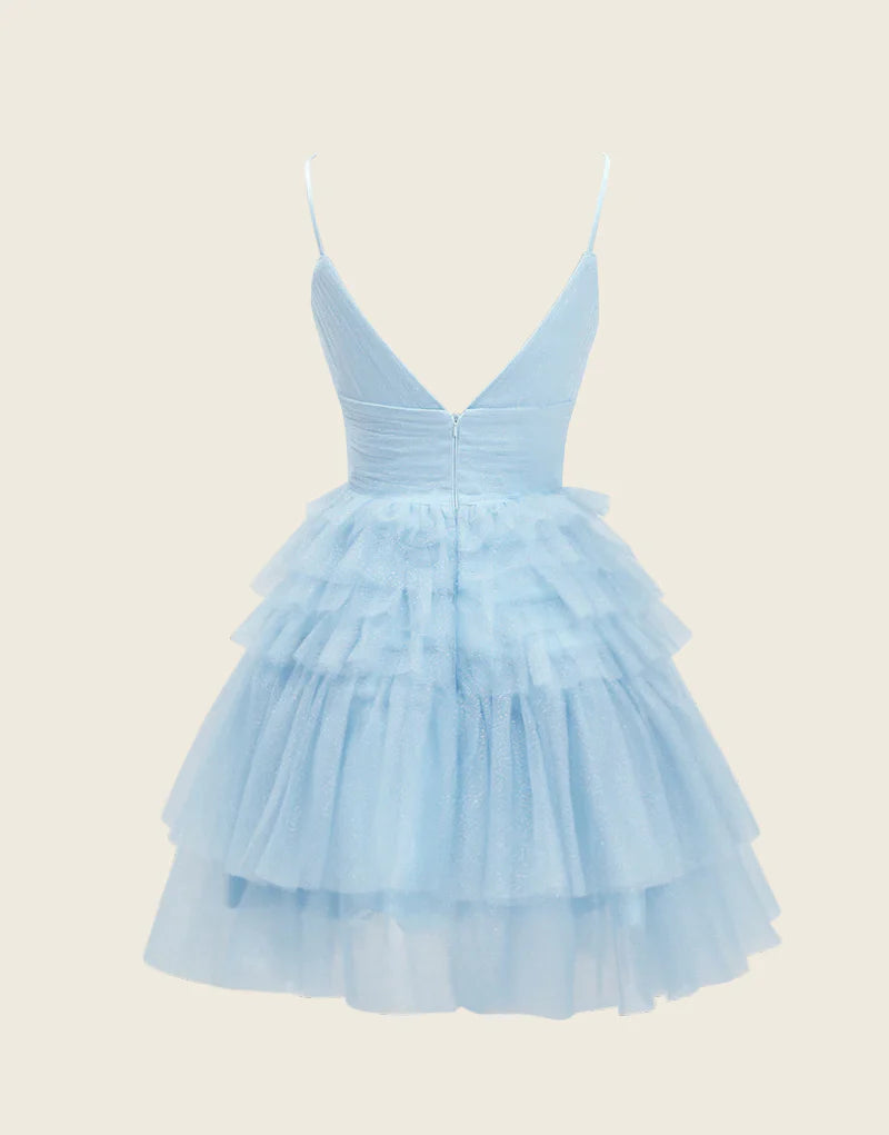 Side view of an elegant A-Line deep V-neck tulle tiered floor-length homecoming dress.
