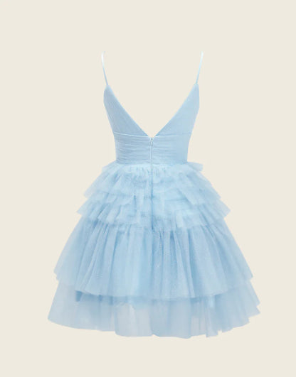 Side view of an elegant A-Line deep V-neck tulle tiered floor-length homecoming dress.