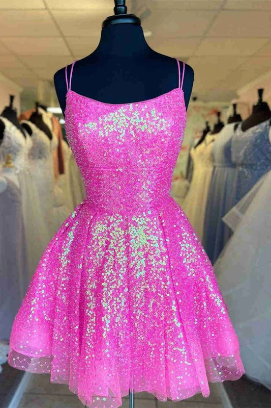 Koutun lavender tulle short homecoming dress with double straps and lace-up back.