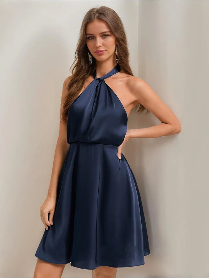 A-Line halter mini homecoming dress, front view.