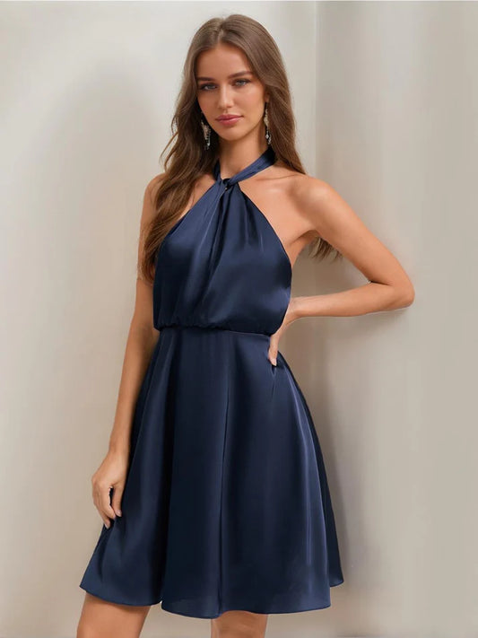 A-Line halter mini homecoming dress, front view.