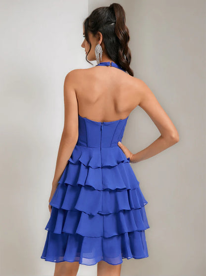 Back detail of the elegant A-line homecoming dress with ruffles.