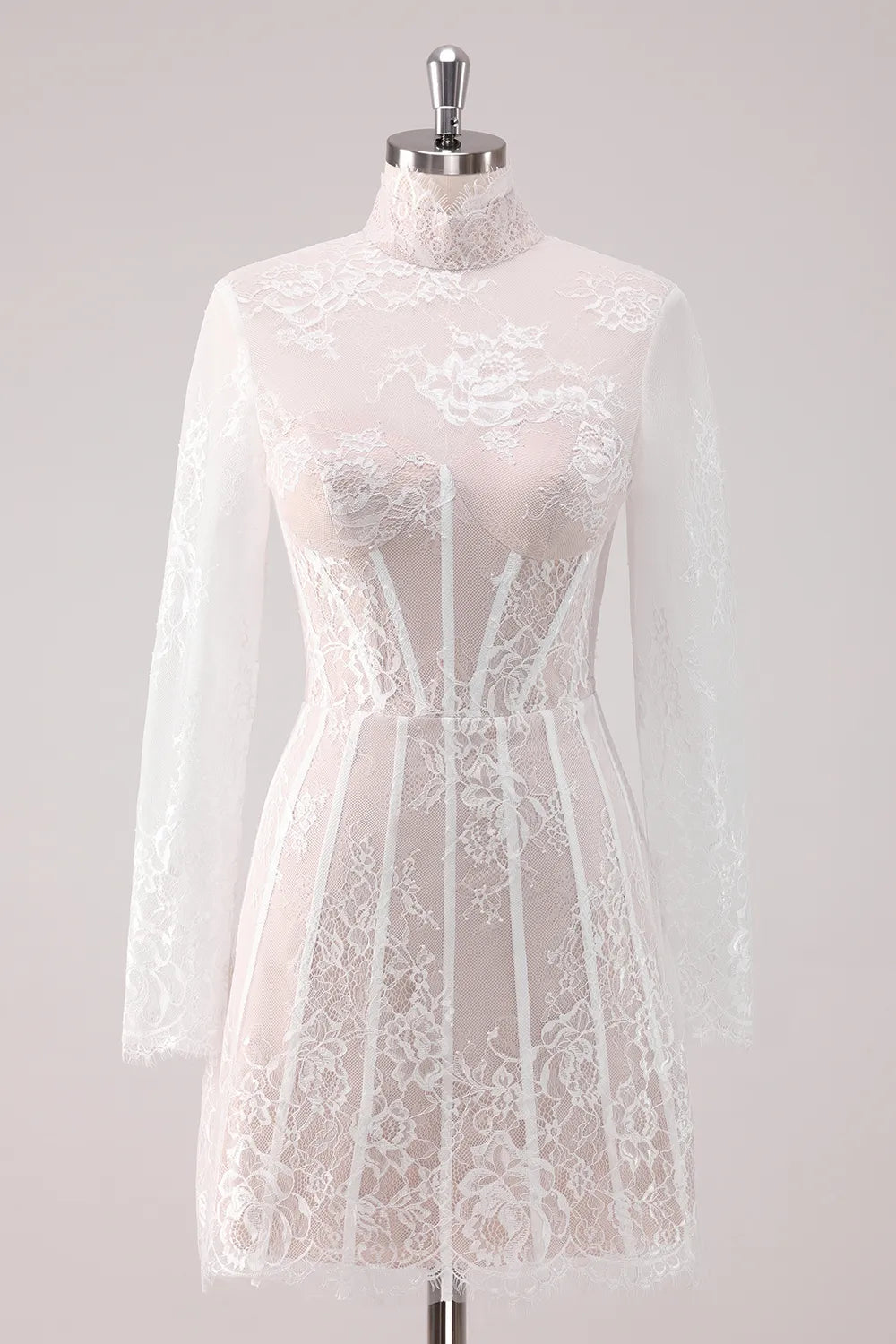 Elegant white A-line lace homecoming dress with high neck and long sleeves.