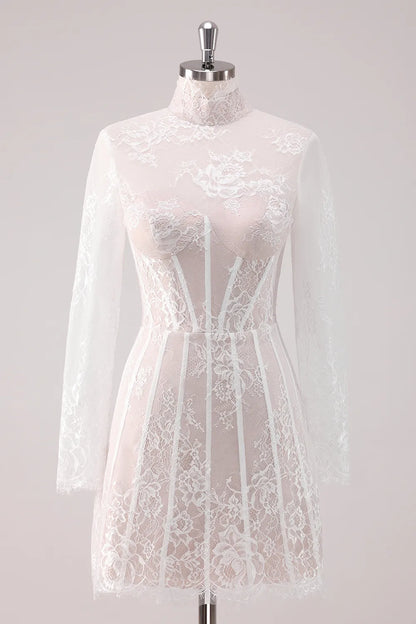 Elegant white A-line lace homecoming dress with high neck and long sleeves.