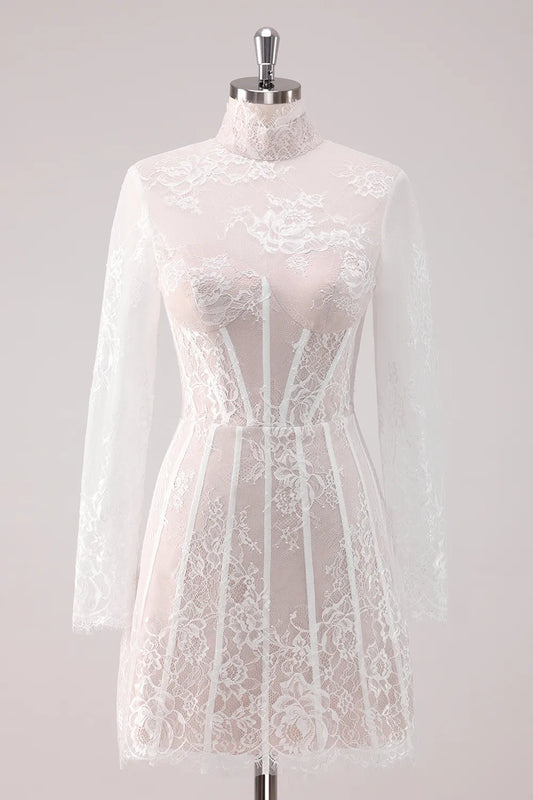Elegant white A-line lace homecoming dress with high neck and long sleeves.
