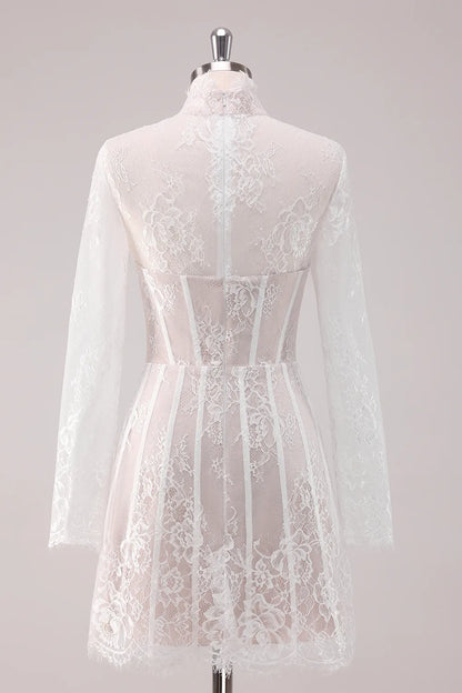 Side view of a white lace high neck long sleeve short dress.