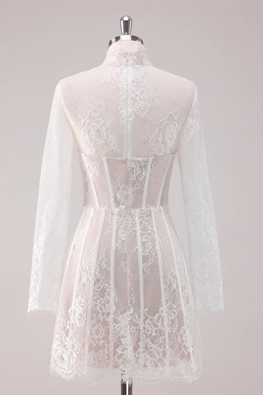 Side view of a white lace high neck long sleeve short dress.