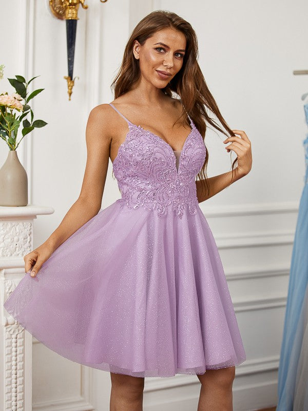 Front view of an elegant A-line lace V-neck mini dress.