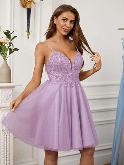Front view of an elegant A-line lace V-neck mini dress.
