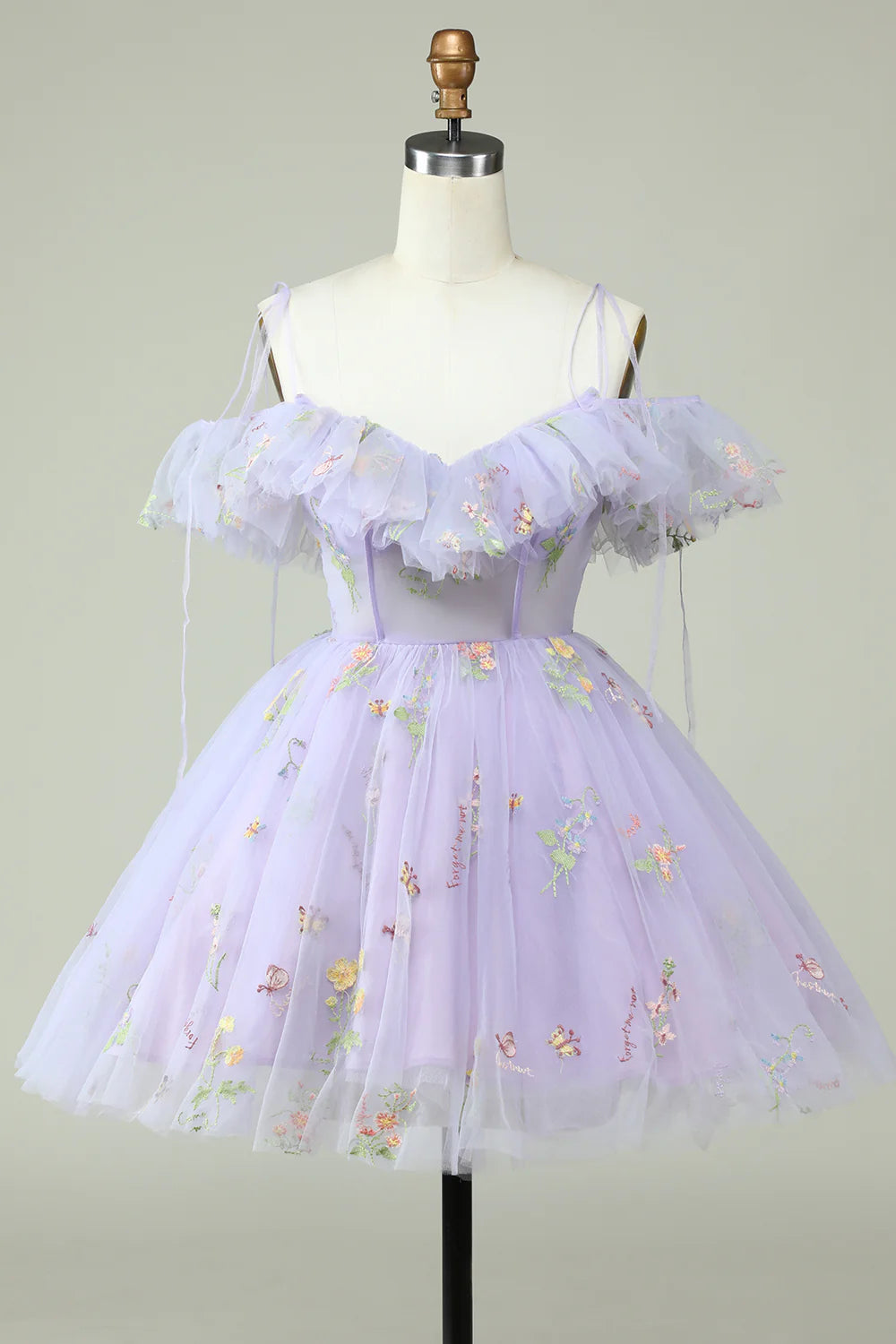Lavender A-Line off-shoulder homecoming dress with corset and ruffles, front view.