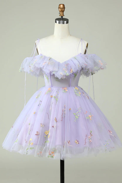 Lavender A-Line off-shoulder homecoming dress with corset and ruffles, front view.