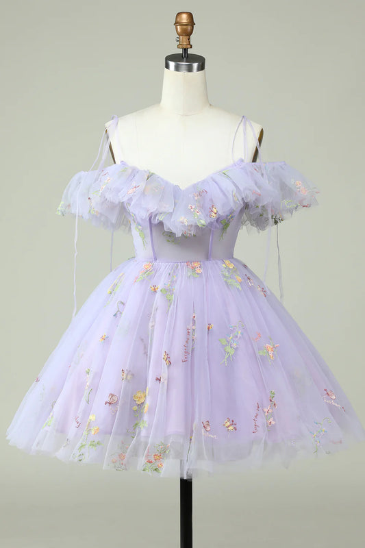 Lavender A-Line off-shoulder homecoming dress with corset and ruffles, front view.
