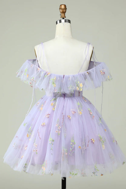 Side view of lavender off-shoulder A-Line dress with ruffled details.