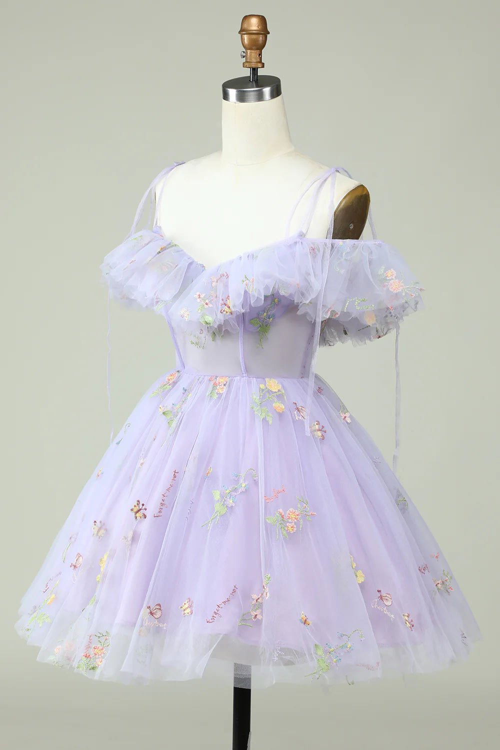 Back view of lavender homecoming dress showing corset and flowing A-Line skirt.