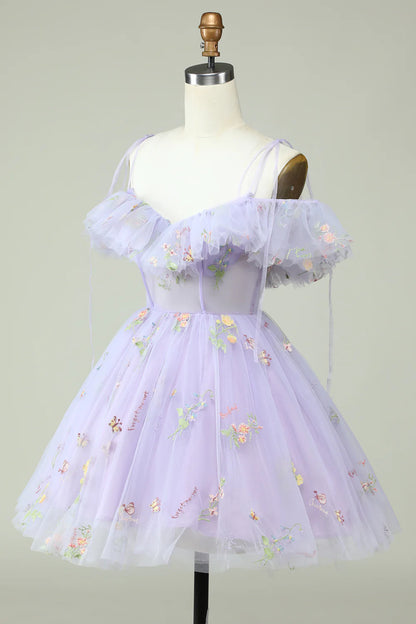 Back view of lavender homecoming dress showing corset and flowing A-Line skirt.