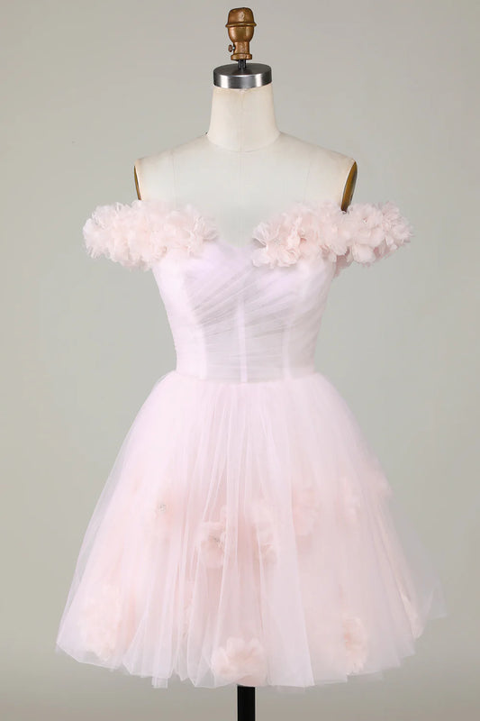 Front view of the pink A-line off-shoulder homecoming dress with floral details.