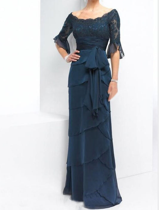 Elegant A-Line off-shoulder gown with chiffon lace detail.
