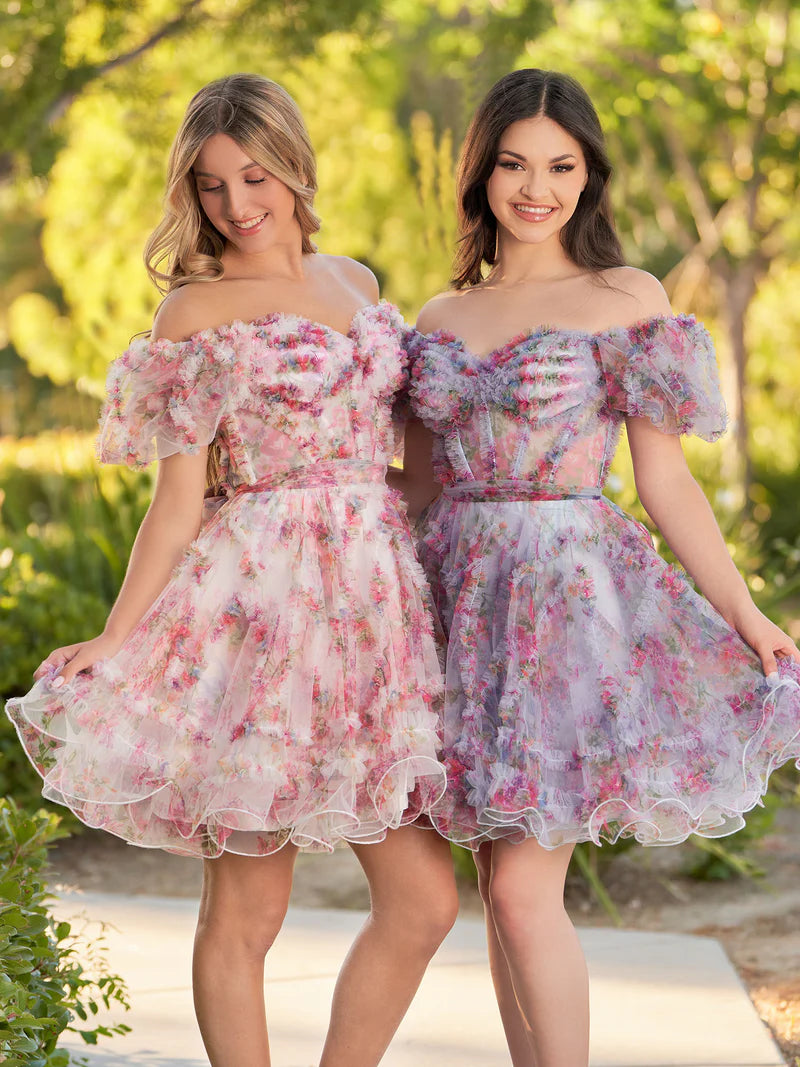 Back view of the charming printed off-shoulder short A-line dress.