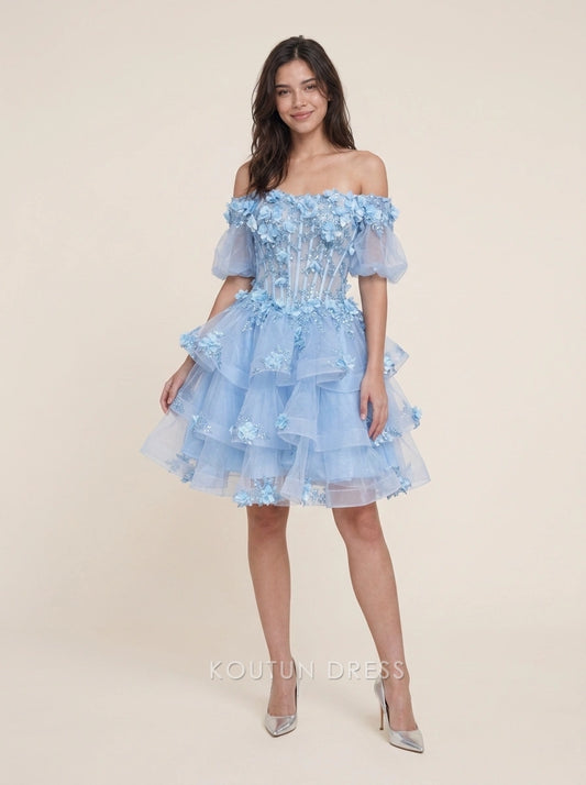 Model wearing a sky blue A-line off-shoulder puffy sleeve floral ruffled short homecoming dress, front view.