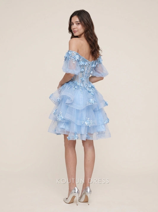 Model wearing a sky blue A-line off-shoulder puffy sleeve floral ruffled short homecoming dress, side view.