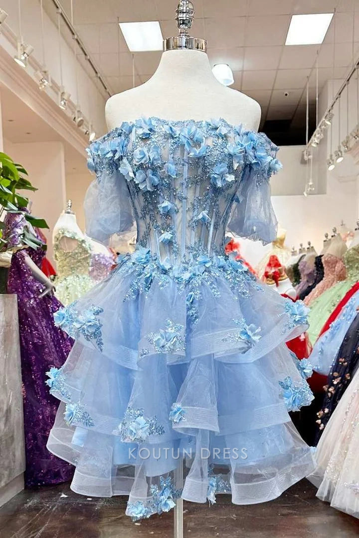 Close-up of the sky blue off-shoulder neckline, puffy sleeve, and floral appliques on the bodice.