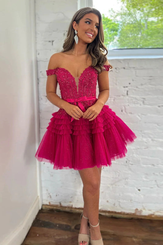 Fuchsia off-shoulder short homecoming dress with ruffles.