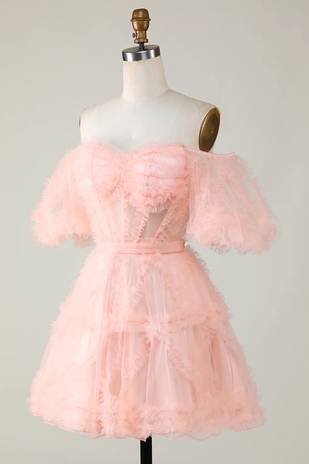 Back view of the flowing A-line tulle formal gown.