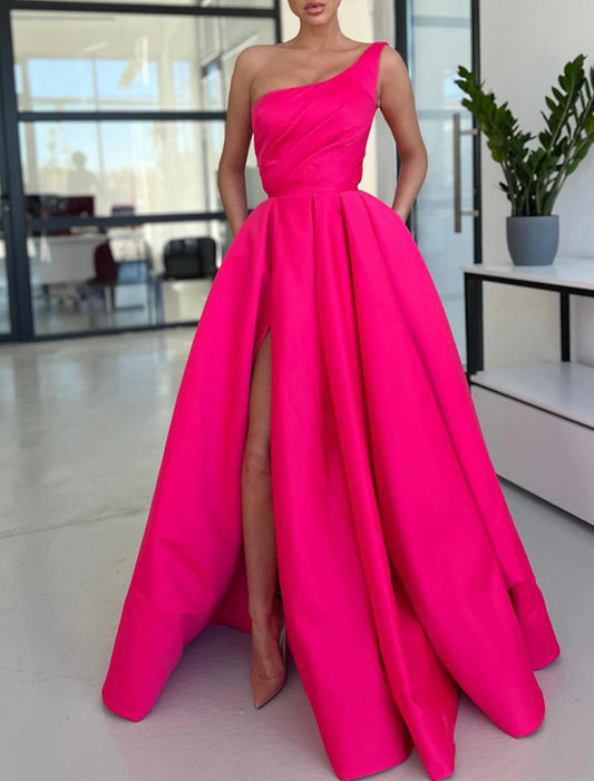 A-Line one-shoulder satin prom dress with ruched slit and sweep train.