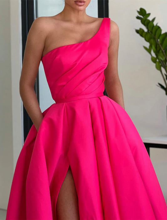 Full length view of the elegant one-shoulder satin formal gown.