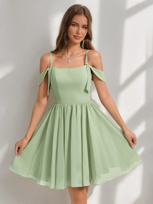 Elegant A-Line chiffon short homecoming dress with square neck and pleats.