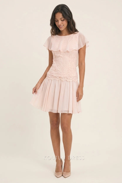 Blush pink A-line homecoming dress with flutter sleeves and lace bodice.