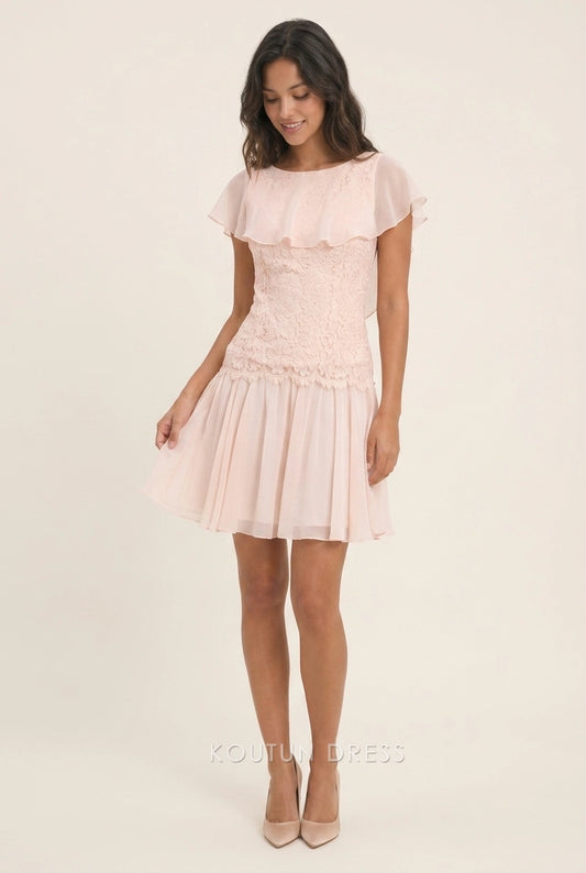 Blush pink A-line homecoming dress with flutter sleeves and lace bodice.