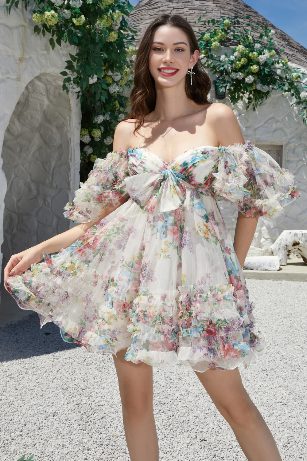 Back view of an ivory floral A-line short homecoming dress.