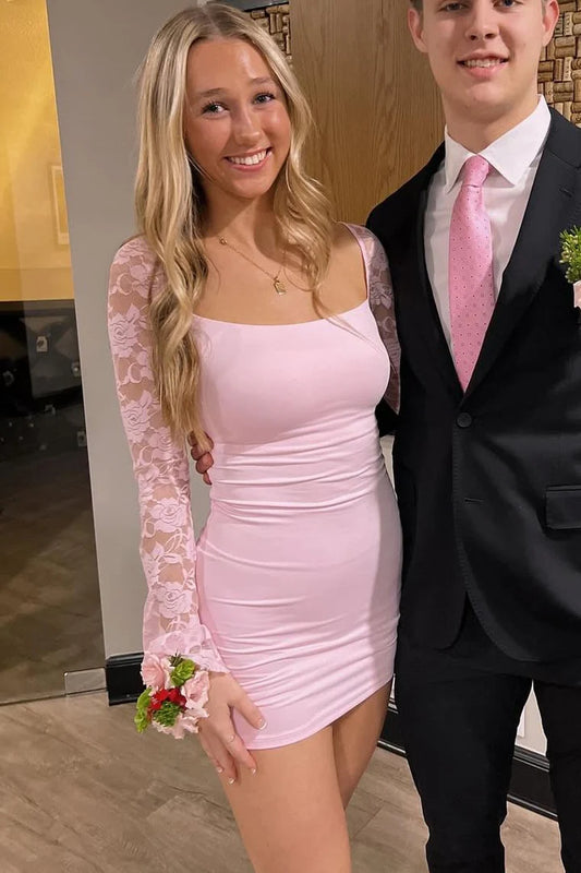 Model wearing an elegant A-line mini homecoming dress with lace long sleeves and a scoop neck.