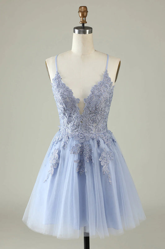 A-line spaghetti strap homecoming dress with appliques.