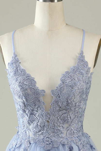 Light purple A-line spaghetti strap dress.