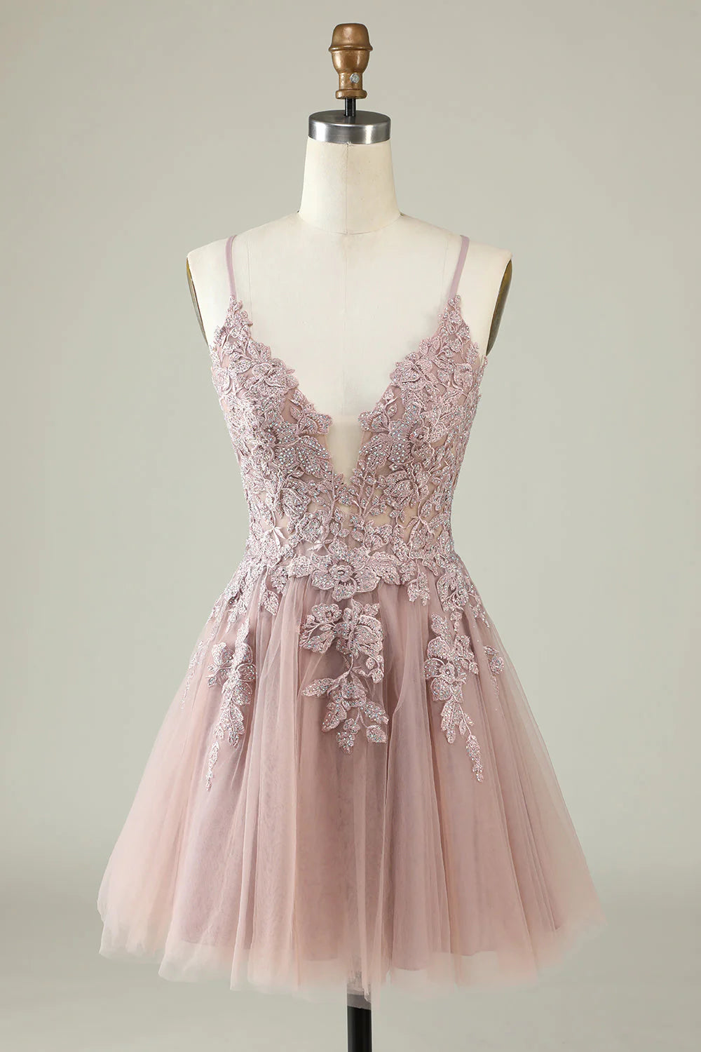 Elegant A-line spaghetti strap dress for formal events.
