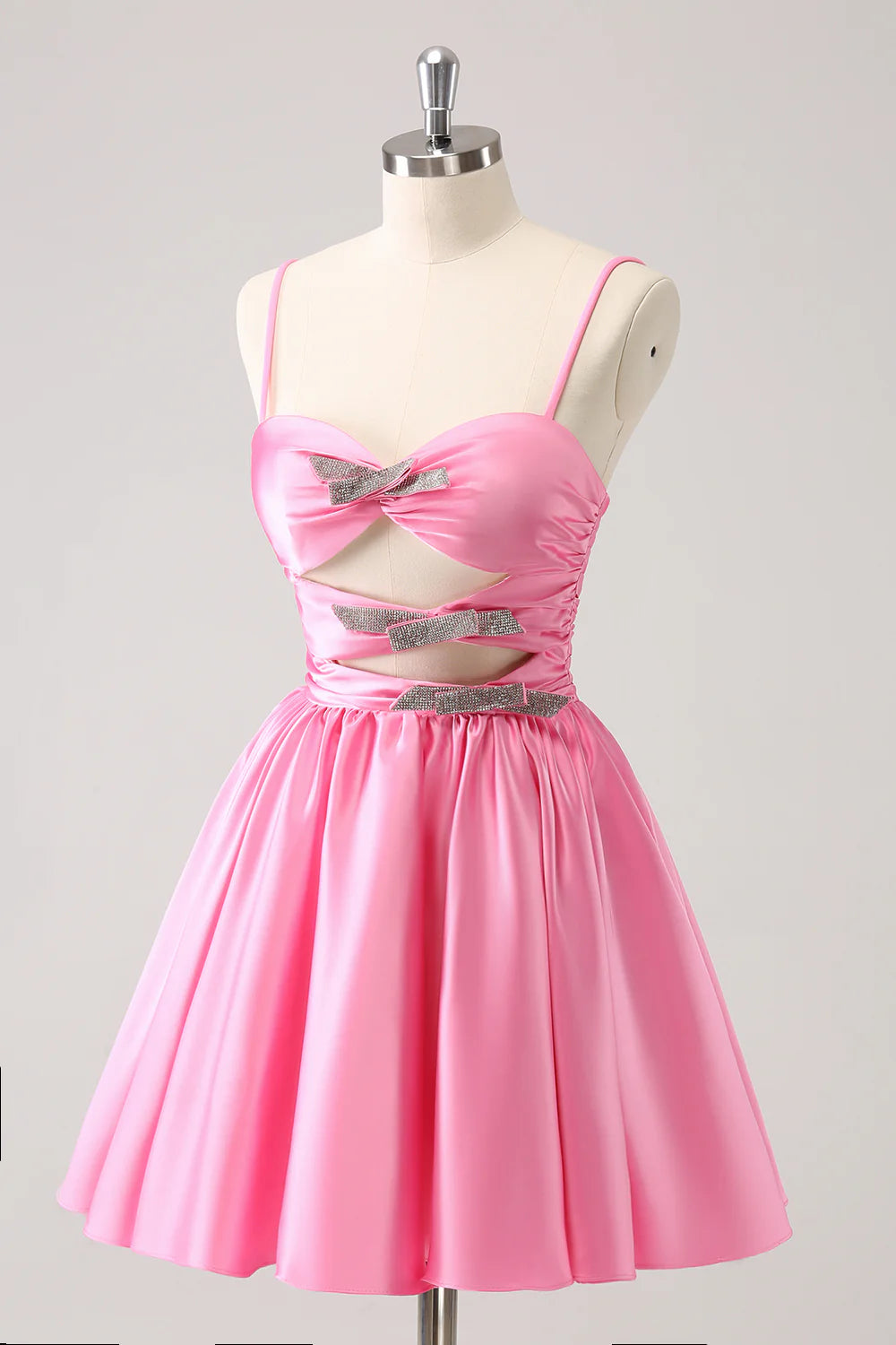 Back view of the A-line pleated homecoming dress with spaghetti straps.