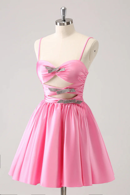 Back view of the A-line pleated homecoming dress with spaghetti straps.