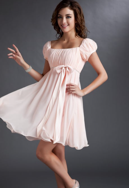 Elegant A-line short homecoming dress with square neck and bow detail.