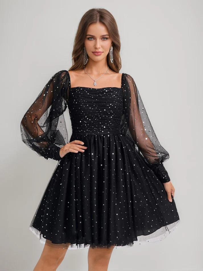 A-Line short homecoming dress with square neckline, long sleeves, and sequin embellishments.
