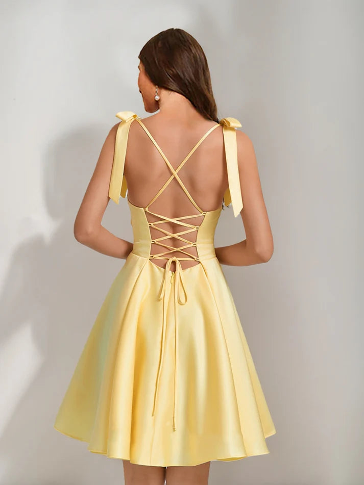 Back view of the A-Line square neck pleated mini homecoming dress.