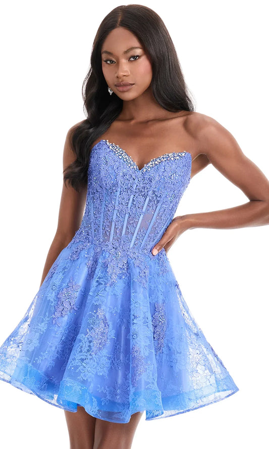 Model wearing an elegant blue A-line mini homecoming dress with strapless sweetheart neckline and beaded lace corset.