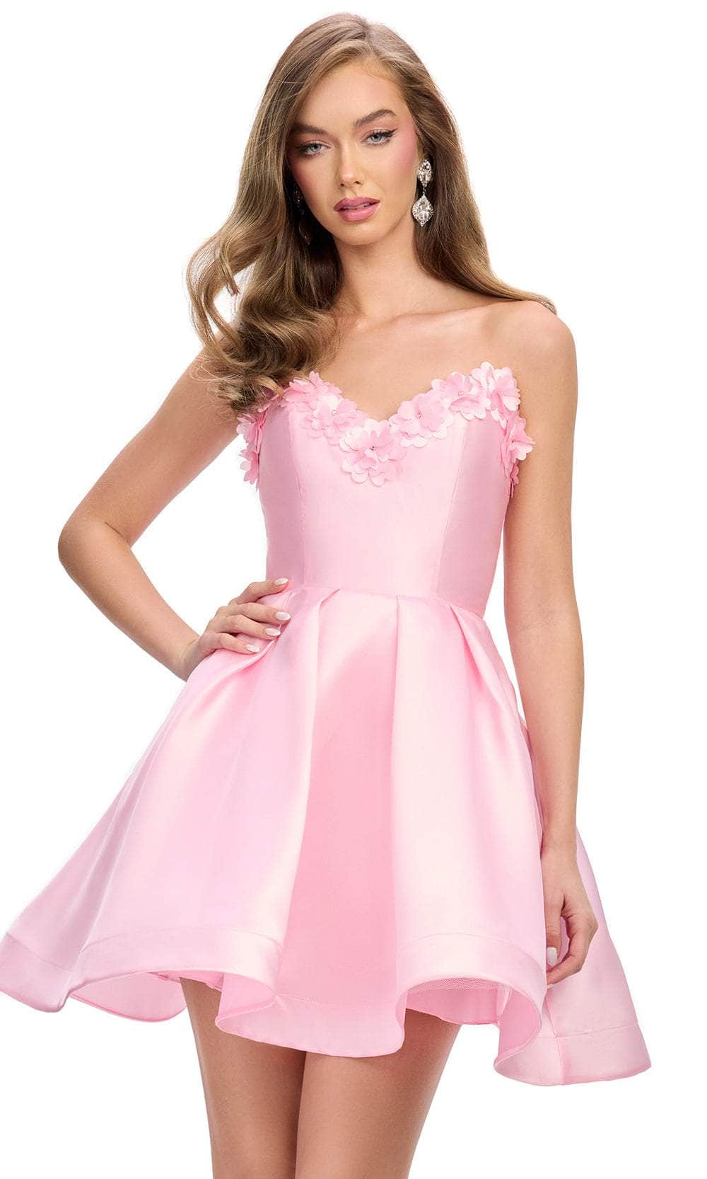 Strapless mini homecoming dress with floral appliques and satin A-line skirt.