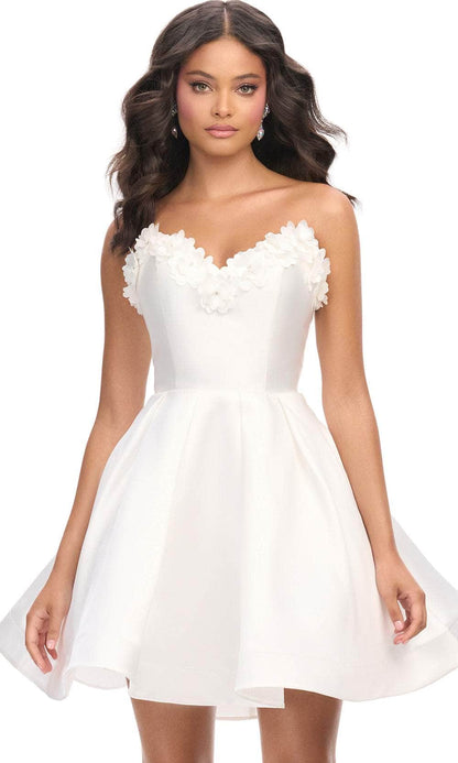 Side view of a woman wearing a red strapless floral homecoming dress.