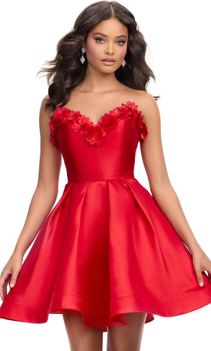 Woman posing in a pink strapless A-line mini dress.