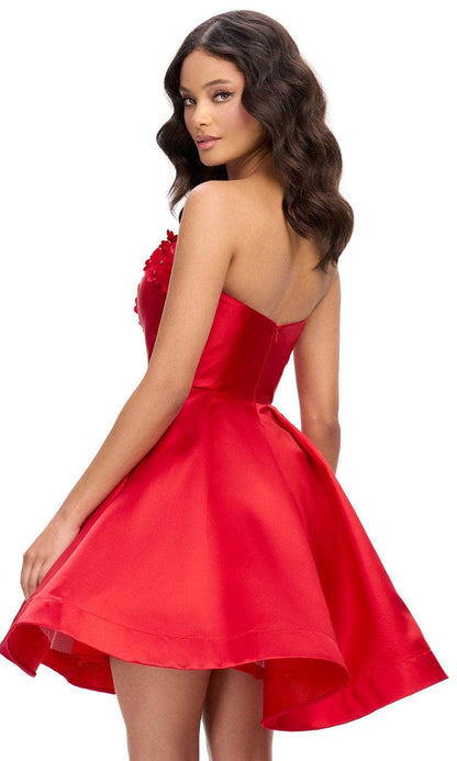 Full length view of a white strapless satin homecoming dress.