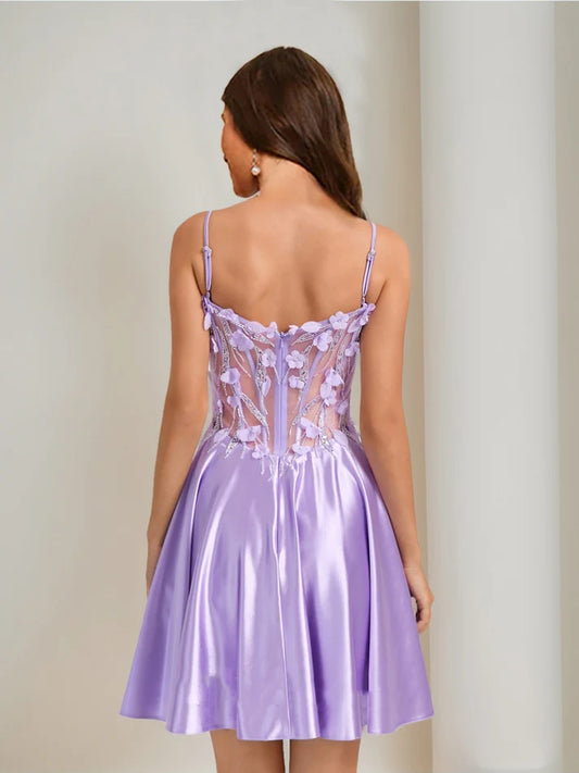 Side view of the elegant A-Line short homecoming dress.