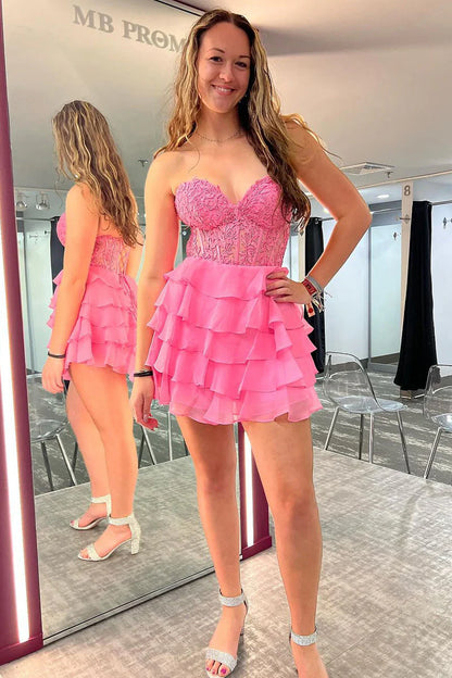 Side profile of the sweetheart neckline A-line short dress.